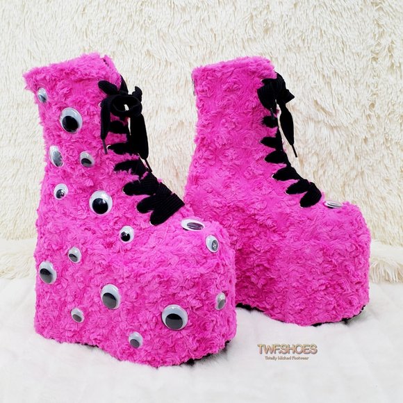 Hot Pink Furry Platform Monster Punk Ankle Boots - Picture 2 of 10